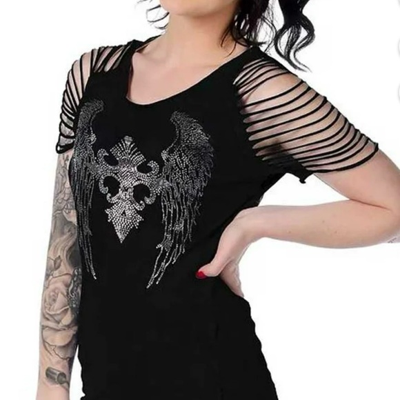 Liberty Wear Rhinestone Archangel Black Short Sleeve Tshirt Size L - Picture 2 of 10